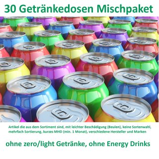 Getränke Box (30 Dosen, Mischkarton, ohne light/zero oder Energy Drinks, Dosen mit Beulen, kurzes MHD ) A1 Text lesen