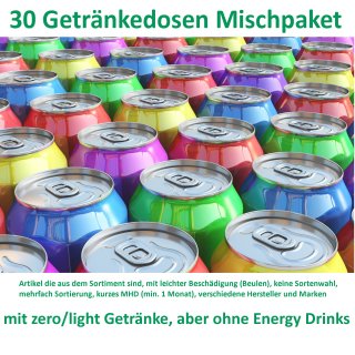 Getränke Box (30 Dosen, Mischkarton mit light/zero & normal, ohne Energy Drinks, Dosen mit Beulen, kurzes MHD ) A2 Text lesen