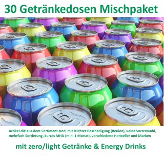 Getränke Box (30 Dosen, Mischkarton mit light/zero mit Energy Drinks, Dosen mit Beulen, kurzes MHD ) A3 Text lesen