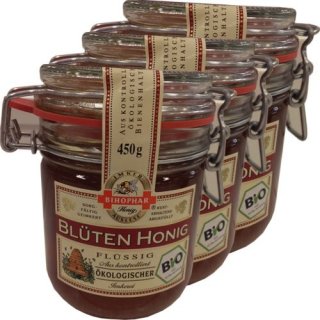 Bihophar Bio-Honig Blüten Honig flüssig 3 Einmachgläser á 450g