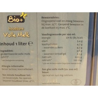 Bio+ Vollmilch, 6 x 1l Karon Pack (Volle Melk, haltbare Bio-Milch)