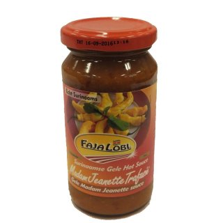 Faja Lobi Madam Jeanette Trafasie Gele Madam Jeanette Sauce 200g Glas (gelbe mild-scharfe Sauce mit Surinamischen Pfeffer)