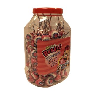 Mister Bubble Knotsen met Bubble Gum Vulling Aardbei 100 Stck pro Dose (Erdbeerlutscher mit Kaugummi Füllung)