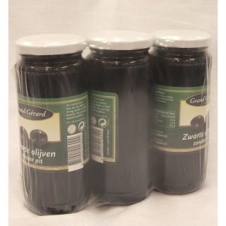 Grand Gérard zwarte Olijven zonder Pit 3 x 358ml Glas (entkernte schwarze Oliven)