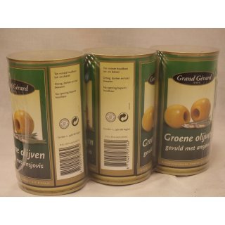 Grand Gérard groene Olijven gevuld met Ansjovis 3 x 370ml Konserve (grüne Oliven gefüllt mit Sardellen)
