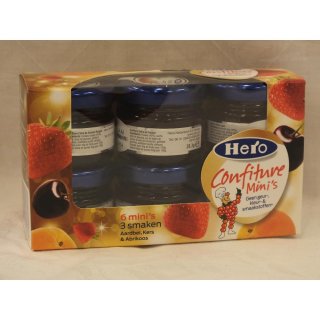 Hero Confiture Minis 3 schmaken Aardbei, Kers & Abrikoos 6 x 28g (Erdbeere, Kirsche und Aprikose Konfitüre)