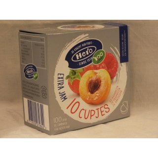 Hero Extra Jam Aardbei, Frambozen, Abrikozen, 10 x 20g Einzelportion im Katon (Erdbeere, Aprikose, Himbeeree Marmelade)