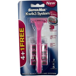 Super-Max Kwik 3 System Damenrasierer (1Stck mit 4 Ersatzklingen) in Rosa