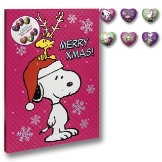 Adventskalender Snoopy mit Mütze (Peanuts) in Pink (120g einzel verpackte Schokolade)
