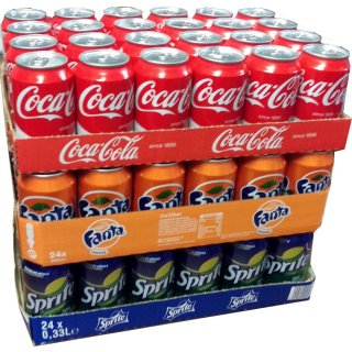 Coca Cola Original, Fanta Orange & Sprite je 24 x 0,33l Dose XXL-Paket (72 Dosen gesamt)