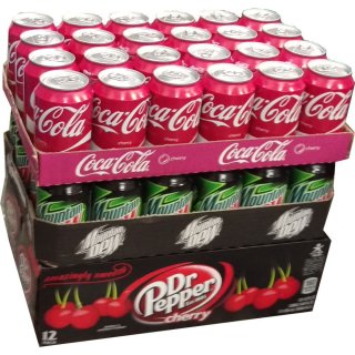 Coca Cola Cherry (24 x 0,33l Dose), Dr.Pepper Cherry (24 x 0,355l Dose) & Mountain Dew Classic (24 x 0,33l Dose) XXL-Paket mit 72 Dosen gesamt
