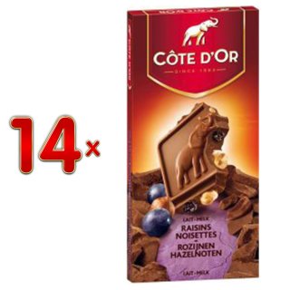 Côte dOr Blok Hele Hazelnoten + Rozijn, 14 x 200g Tafeln (Belgische Milchschokolade mit Haselnüssen und Rosinen)