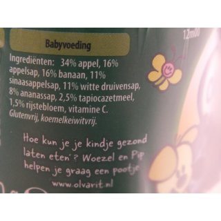 Olvarit 12+ Fruit Mix Appel, Banaan & Druiven 6 x 200g Glas (Frucht Mix Apfel, Banane & Trauben ab 12 Monaten)