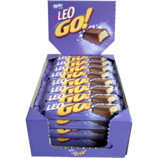 Milka Leo Go!, 32 x 48g Packung (knuspriger Schokoriegel mit Milka-Schokolade überzogen)