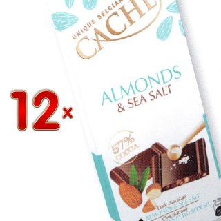 Cachet Noir 57% Cacao Amandes et Fleur de Sel 12 x 100g Packung (dunkle Schokolade mit Mandeln und Meersalz)