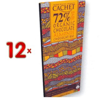 Cachet 72 % Organic Chocolate Almonds 12 x 100g Packung (dunkle Bio-Schokolade mit Mandeln)