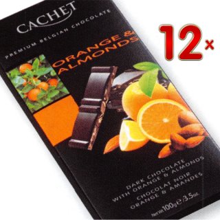 Cachet Chocolat Noir Orange & Amandes (12x100g Packung dunkle Schokolade mit Orangen- und Mandelstückchen)