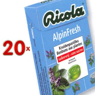 Ricola Alpin Fresh sans sucre 20 x 50g Packung (Schweizer Kräuterbonbons Alpenfrisch ohne Zuckerzusatz)