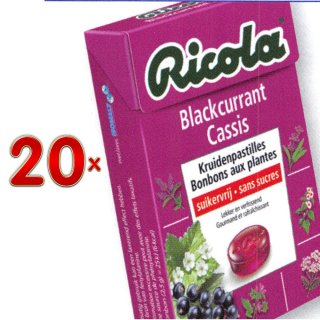 Ricola Cassis sans sucre 20 x 50g Packung (Schweizer Kräuterbonbons mit schwarzer Johannisbeere ohne Zuckerzusatz)