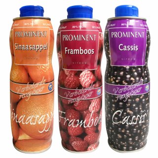 Prominent Siroop TESTPAKET Sinaasappel, Aardbei und Cassis (je 1x750ml Getränke Sirup Orange, Erdbeere und schwarze Johannisbeere)