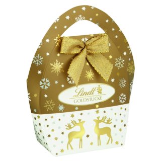 Lindt Goldstücke aus Alpenvollmilch Schokolade in Mini Tasche in gold/weiß mit Rentier Motiv (50g Packung)