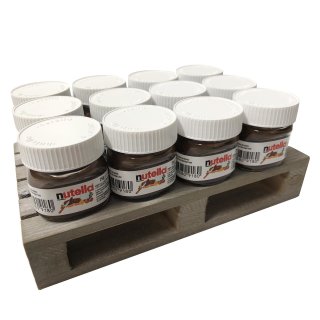 eine Palette Nutella (12x25g Glas Nutella) mit Mini-Holzpalette