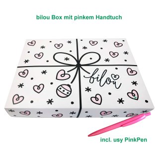 Bilou Geschenkbox pink sparkle mit Duschtuch pink und usy PinkPen