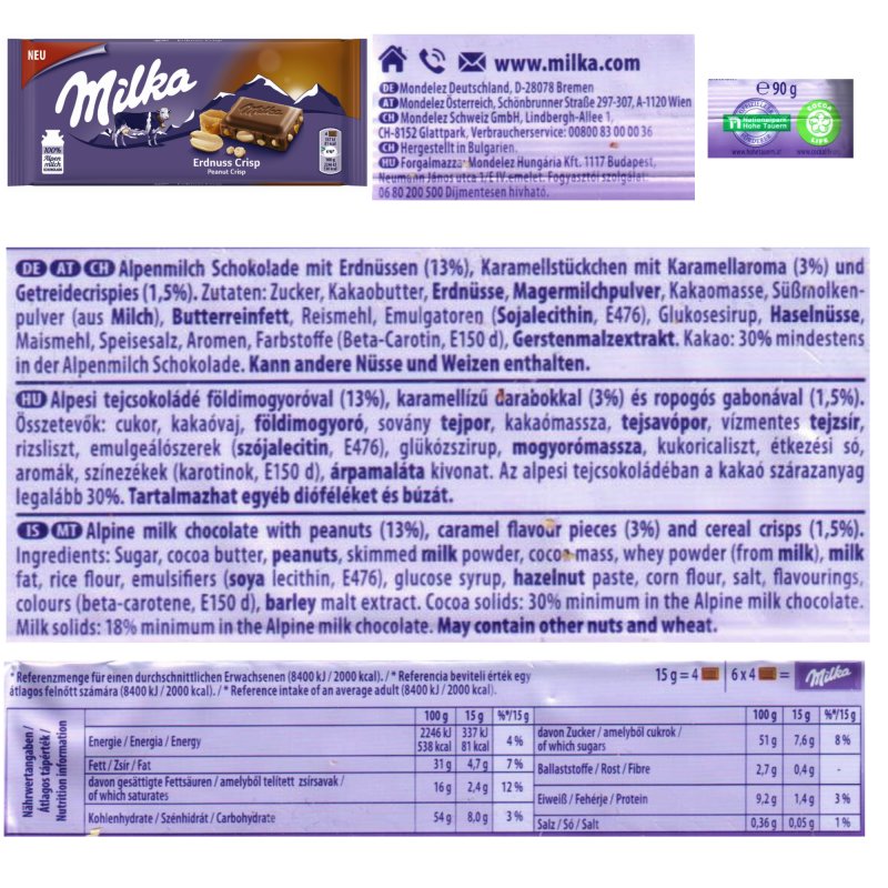 Wieviel Kcal Hat Eine Tafel Milka Schokolade Milka Schokoladen Erdnuss Crisp 90g Tafel