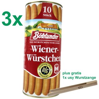 Böklunder Wiener Würstchen PARTYPACK (3x900g Konserve) = 30 Würstchen und usy Wurstzange