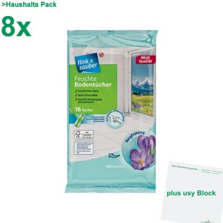 flink & sauber Feuchte Bodentücher Bergfrühling, Haushalts Pack (8x16 Stück Beutel) + usy Block