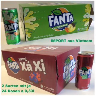 Fanta Vientnam Testpaket: Huong XaXi Sarsi + Soda Kern (2x24 Dosen)
