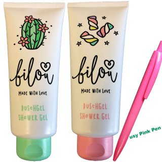 bilou Duschgel Neuheiten-Set: Chewy Sweets & Bloomy Cactus (je 1x200 ml Flasche) inklusive gratis usy Pink Pen
