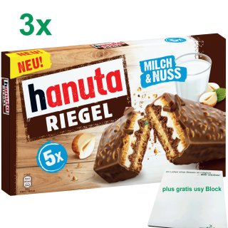 Ferrero hanuta Riegel Milch & Nuss im 3er Set (15x34,5g) plus usy Block