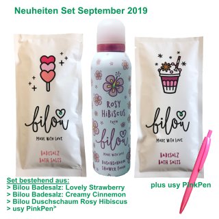 Bilou Neuheiten Testpaket Creamy Cinnamon & Lovely Strawberry Badesalze und Rosy Hibiscus Duschschaum (2x80g & 200ml Flasche) + usy Pink Pen