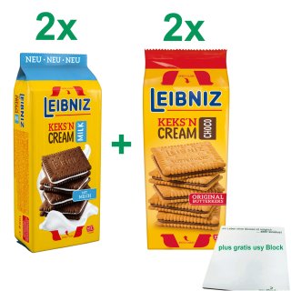 Leibniz Keksn Cream Testpaket 2x Schoko & 2x Milk Kekse (2x 228g+2x190g) + usy Block