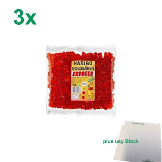 Haribo Goldbären Erdbeer Officepack (3x1kg Beutel Gummibärchen rot) sortenrein + usy Block