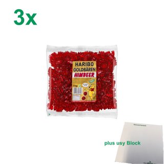 Haribo Goldbären Himbeer Officepack (3x1kg Beutel Gummibärchen dunkelrot) sortenrein + usy Block