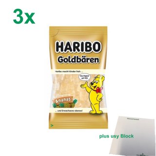 Haribo Goldbären Ananas sortenrein 3er Pack (3x75g Beutel) + usy Block