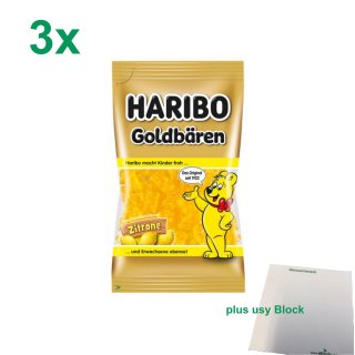 Haribo Goldbären Zitrone sortenrein 3er Pack (3x75g Beutel) + usy Block