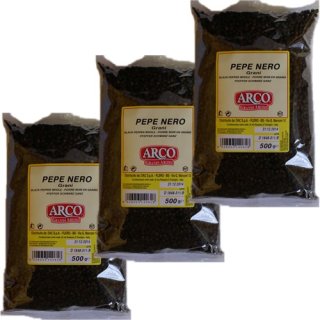 3x Arco Grandi Aromi Schwarzer Pfeffer "Ganze Körner" aus Italien, 500 g