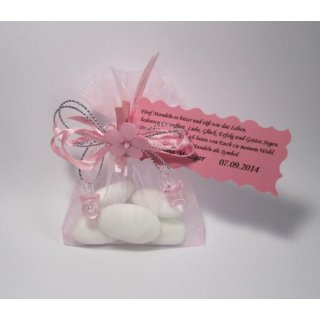 Gastgeschenk Organzasäckchen Taufe Feste Schnuller Tischdekoration rosa