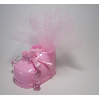 Gastgeschenk Taufe Schuh rosa mit Mandeln im Tüllkreis