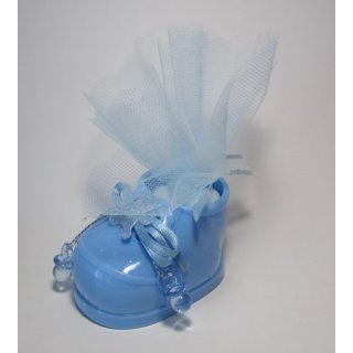 Gastgeschenk Taufe Schuh hellblau mit Mandeln im Tüllkreis