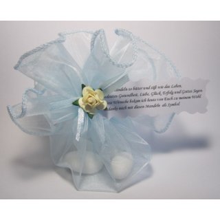 Gastgeschenke Taufe Tischdeko Organzakreis hellblau mit Mandeln und Spruch