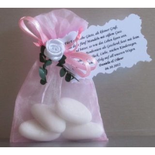 Gastgeschenke für Hochzeit Taufe Tischdeko rosa gefüllt mit Mandeln und Spruch