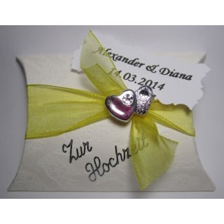 Gastgeschenke Kartonage Hochzeit Tischdeko Herzchen Spruch Band gelb