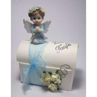 Gastgeschenke Kartonage Truhe Taufe Tischdeko Junge Engelchen hellblau