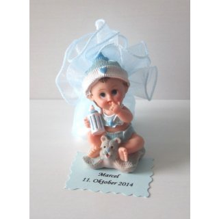 Gastgeschenke Taufe Geburt Tischdeko Baby sitzend Organzakreis hellblau