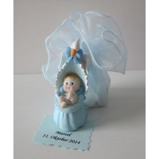 Gastgeschenke Taufe Geburt Tischdeko Baby in Wiege Organzakreis hellblau