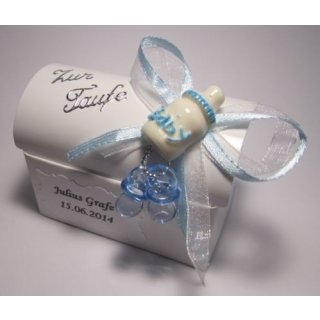 Gastgeschenke Kartonage Truhe Taufe Tischdeko Fläschchen Schnuller hellblau